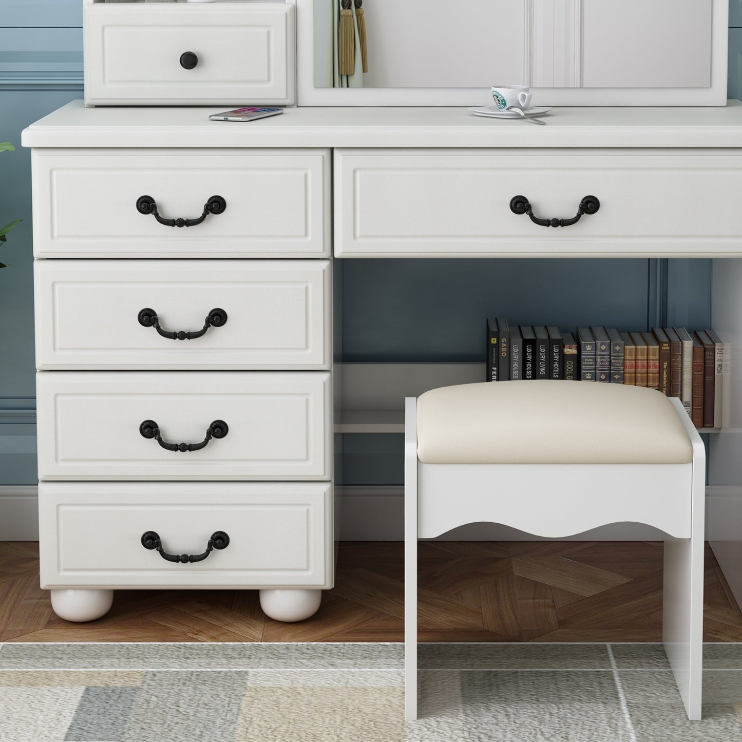 White Vanity Desk with Mirror & LED Lights – Makeup Table Set with 6 Drawers, Adjustable 3-Color Lighting & Storage Shelves