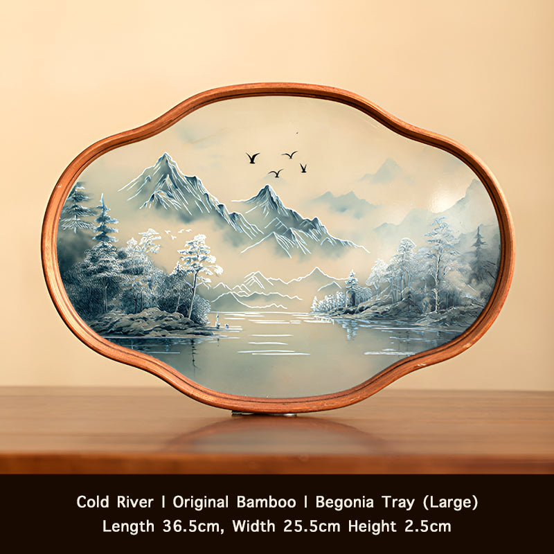 Retro-Style Bamboo & Glass Tray – Hand-Painted Landscape & Floral Design