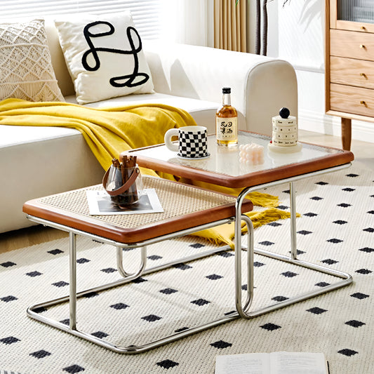 Nordic Nested Coffee Table Set – Solid Wood, Glass and Rattan with Stainless Steel Frame, Modern Antique Style
