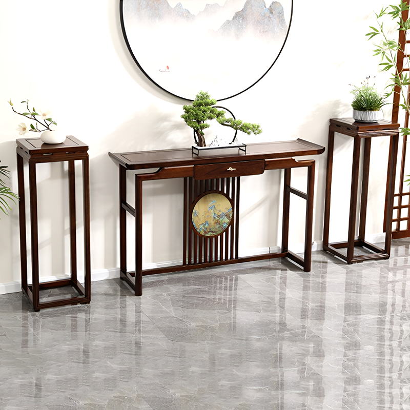 African Black Walnut Entrance Console Table + Pair of Flower Stands – Solid Wood Entryway Table