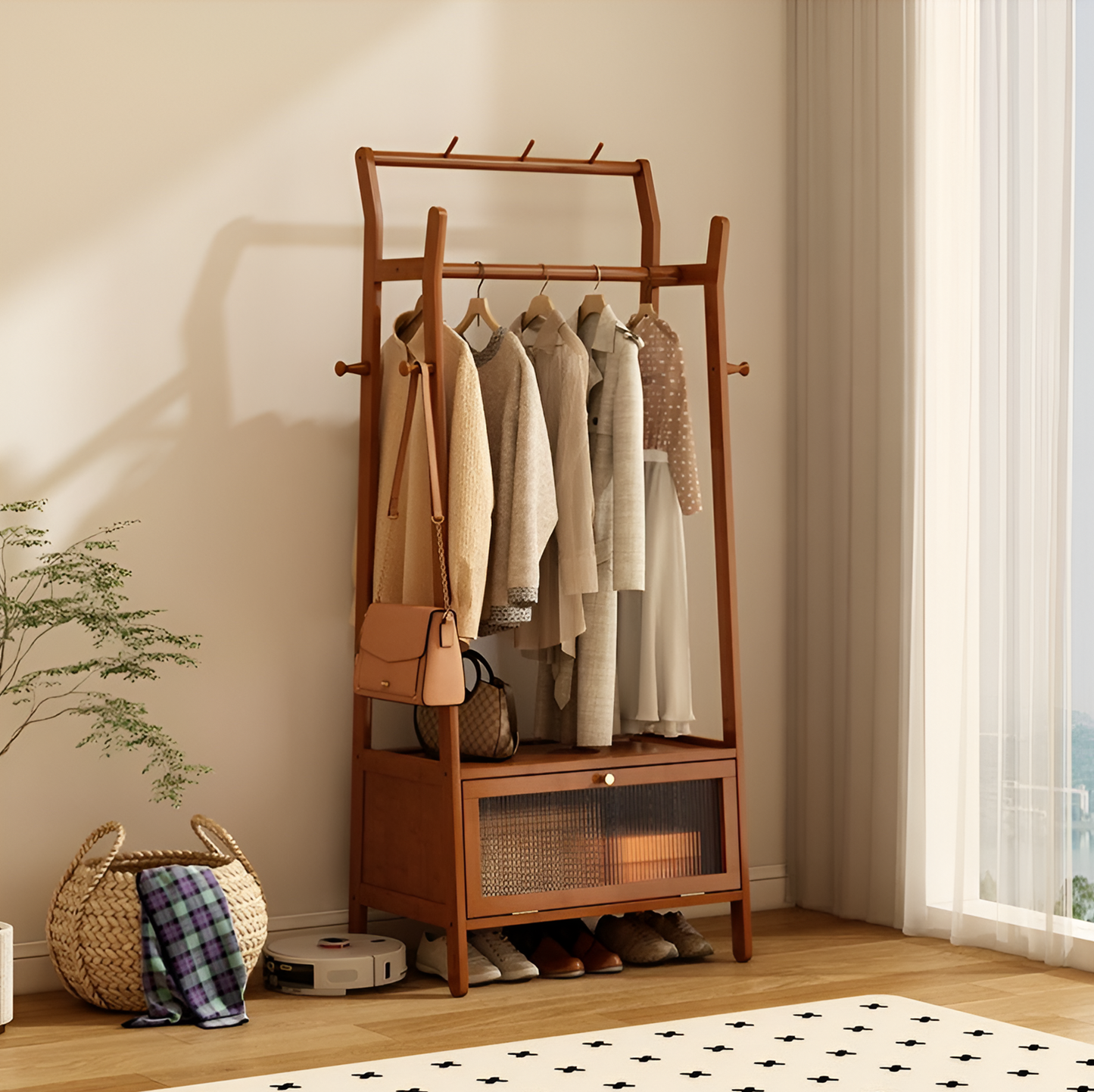 Solid Bamboo Coat Rack with Storage – Floor-Standing Clothes Hanger in Natural or Walnut Finish, 2 Sizes (51.5×40×168cm & 69×40×168cm)