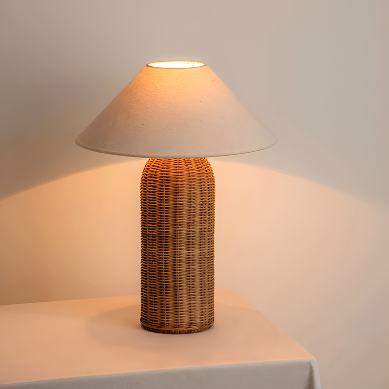 Japanese Style Rattan Bedside Table Lamp - Handmade Woven Nightstand Light for Bedroom And Living Room Décor
