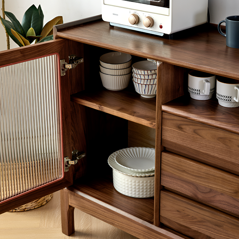 North American Black Walnut Solid Wood Sideboard - Modern Scandinavian Storage Cabinet with Drawers And Glass Door for Living Room