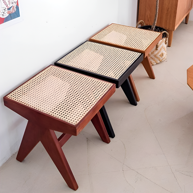Solid Wood & Rattan Bench – Single or 3-Seater, Walnut, Cherry, Log, Black