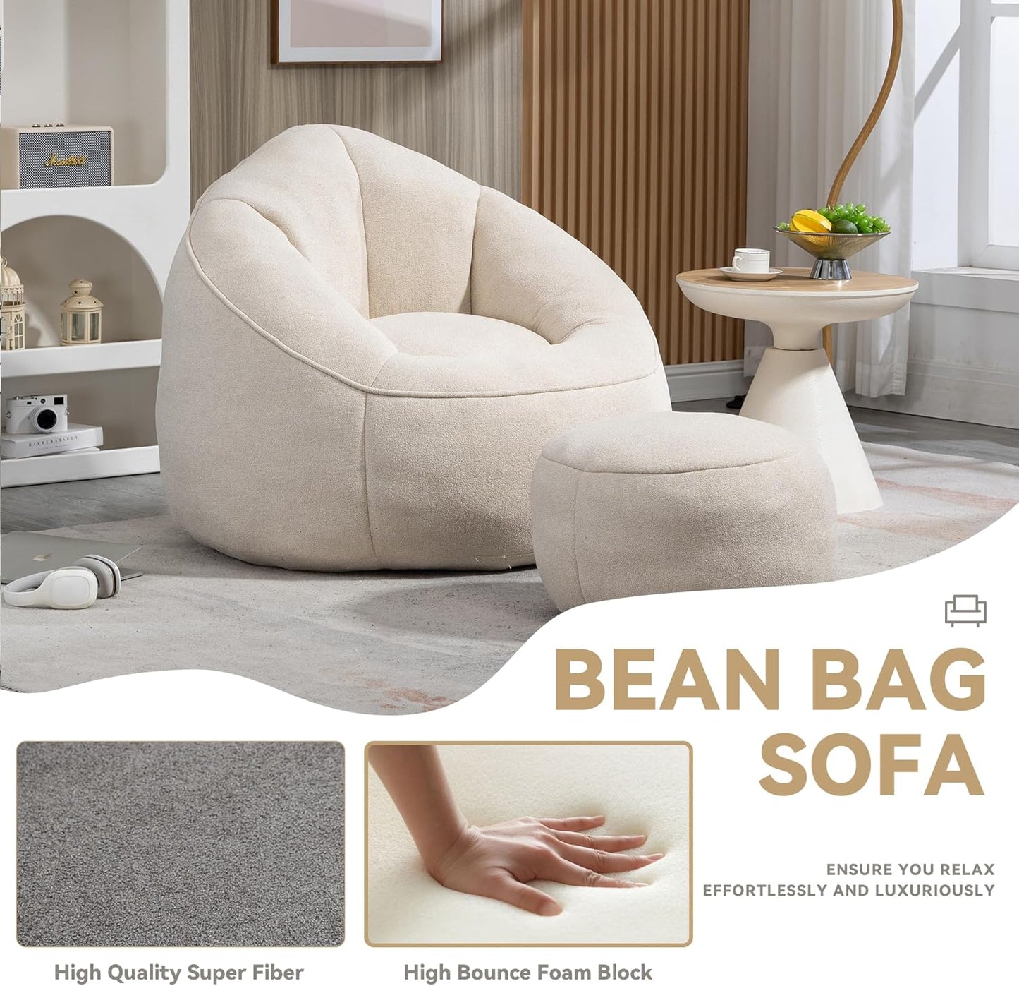 Modern Bean Bag Chair with Footrest – Comfy High-Density Foam Lounge Chair for Bedroom & Living Room