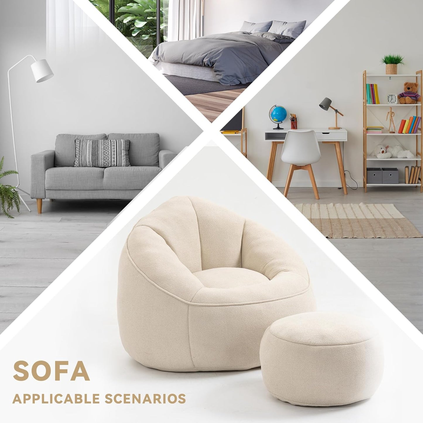 Modern Bean Bag Chair with Footrest – Comfy High-Density Foam Lounge Chair for Bedroom & Living Room