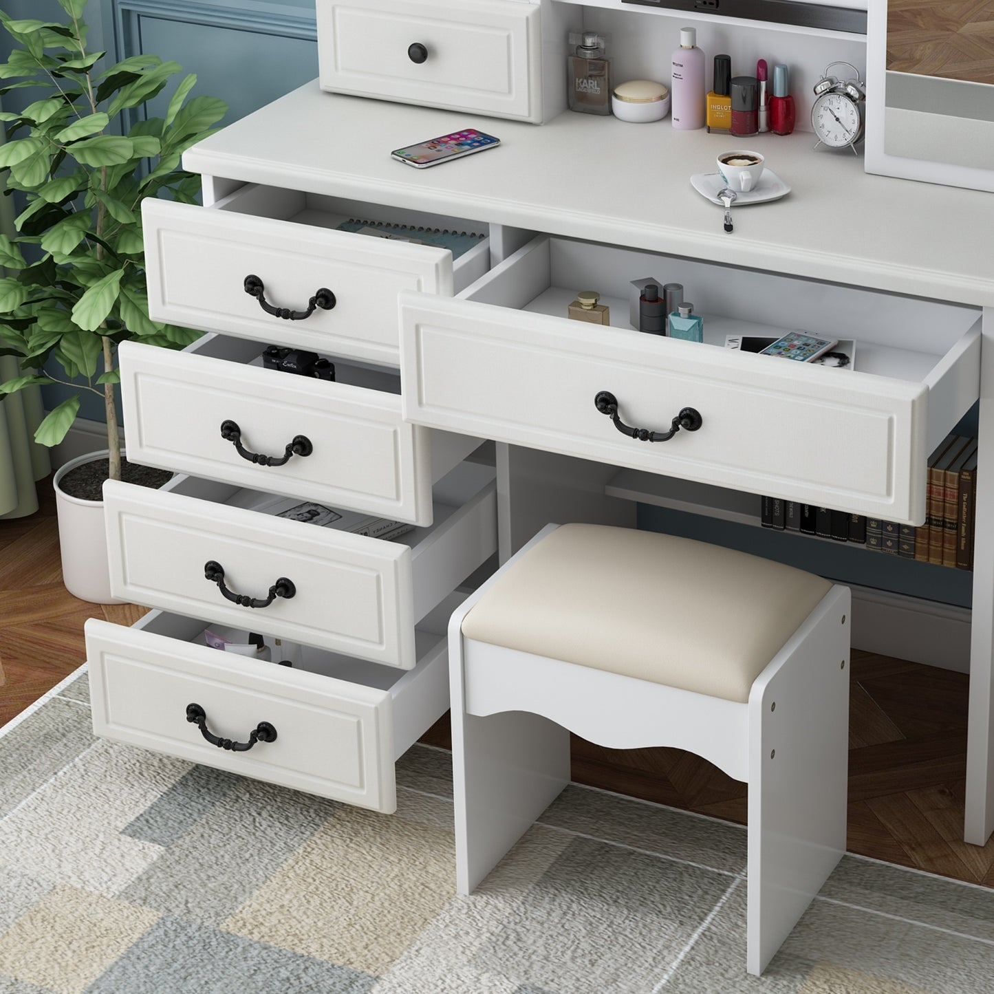 White Vanity Desk with Mirror & LED Lights – Makeup Table Set with 6 Drawers, Adjustable 3-Color Lighting & Storage Shelves