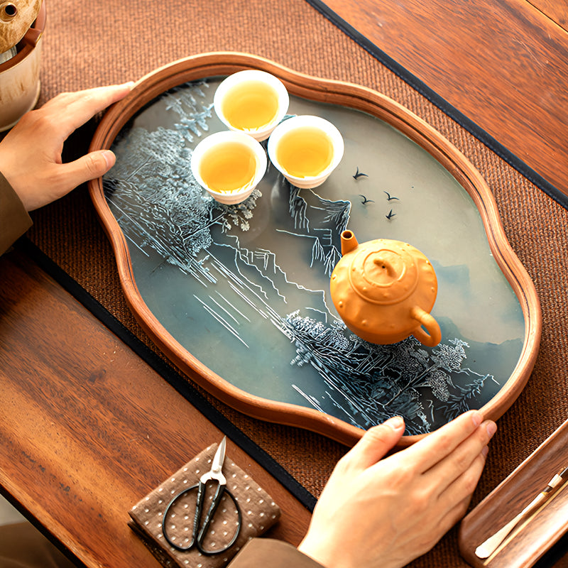 Retro-Style Bamboo & Glass Tray – Hand-Painted Landscape & Floral Design