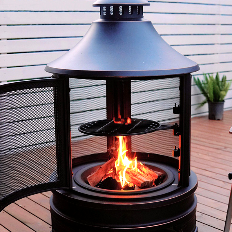 75x124cm Outdoor Fire Pit Grill Stove – Multi-Functional BBQ Heater with Cast Iron Mesh, Rake & Rain Cover