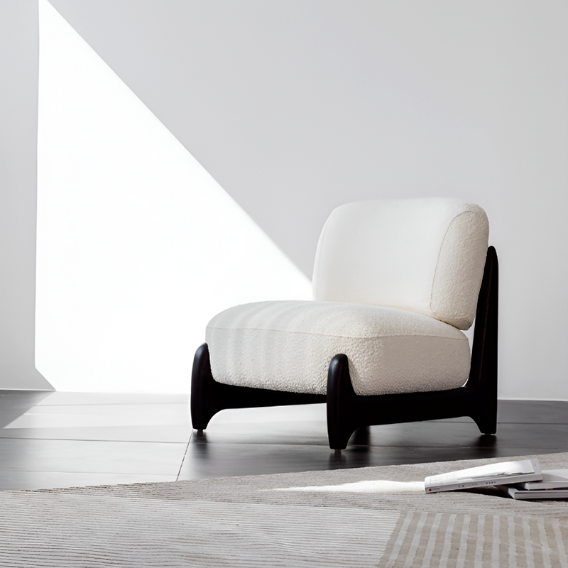 Modern Lounge Chair in Cream White & Smoky Gray – Washable Teddy Fabric, Solid Wood
