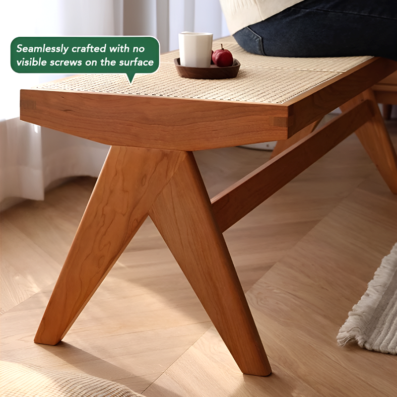 Solid Wood & Rattan Bench – Single or 3-Seater, Walnut, Cherry, Log, Black