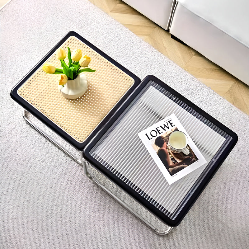Nordic Nested Coffee Table Set – Solid Wood, Glass and Rattan with Stainless Steel Frame, Modern Antique Style