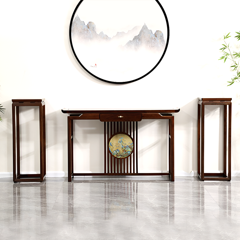 African Black Walnut Entrance Console Table + Pair of Flower Stands – Solid Wood Entryway Table