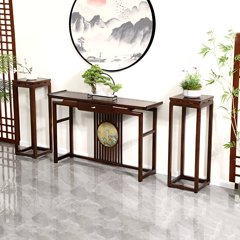 African Black Walnut Entrance Console Table + Pair of Flower Stands – Solid Wood Entryway Table