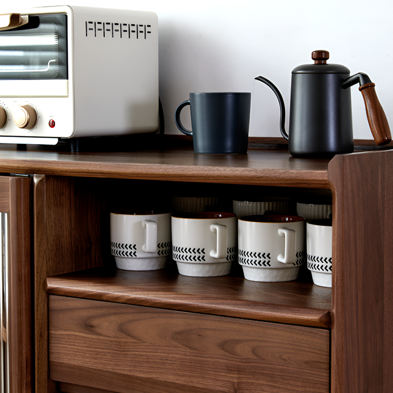 North American Black Walnut Solid Wood Sideboard - Modern Scandinavian Storage Cabinet with Drawers And Glass Door for Living Room