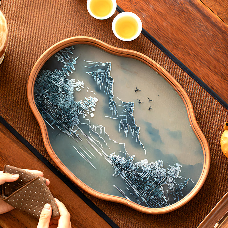 Retro-Style Bamboo & Glass Tray – Hand-Painted Landscape & Floral Design