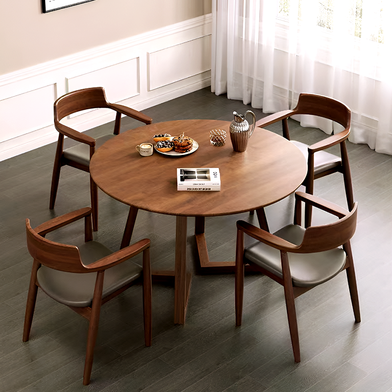 Solid Wood Round Dining Table – Walnut Finish, Modern Japanese Nordic Style
