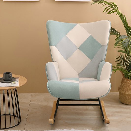 Mid-Century Accent Rocking Chair – Patchwork Linen Upholstery with Wooden Legs for Living Room & Bedroom
