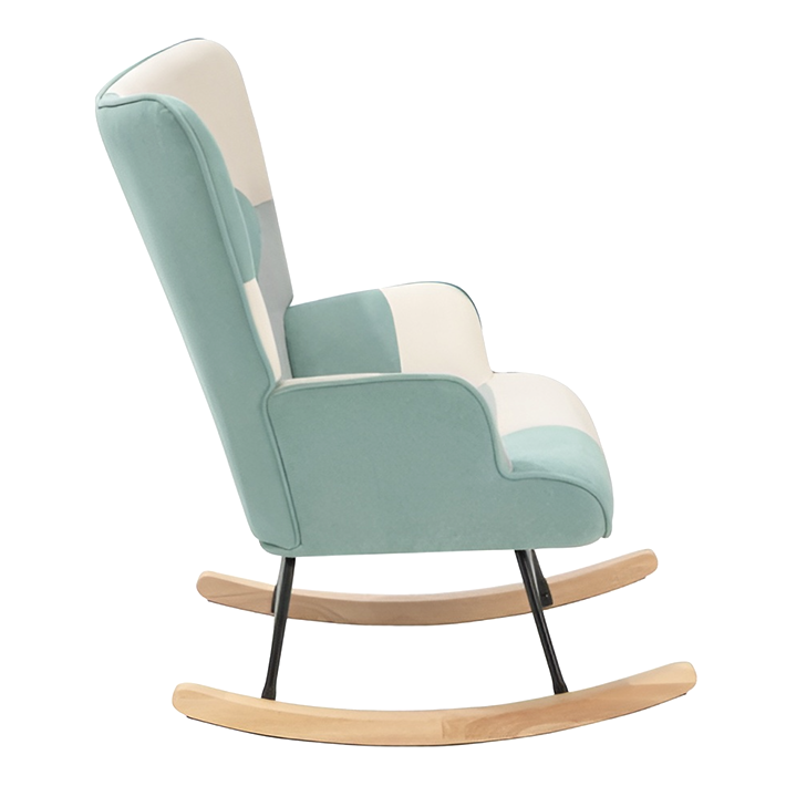 Mid-Century Accent Rocking Chair – Patchwork Linen Upholstery with Wooden Legs for Living Room & Bedroom