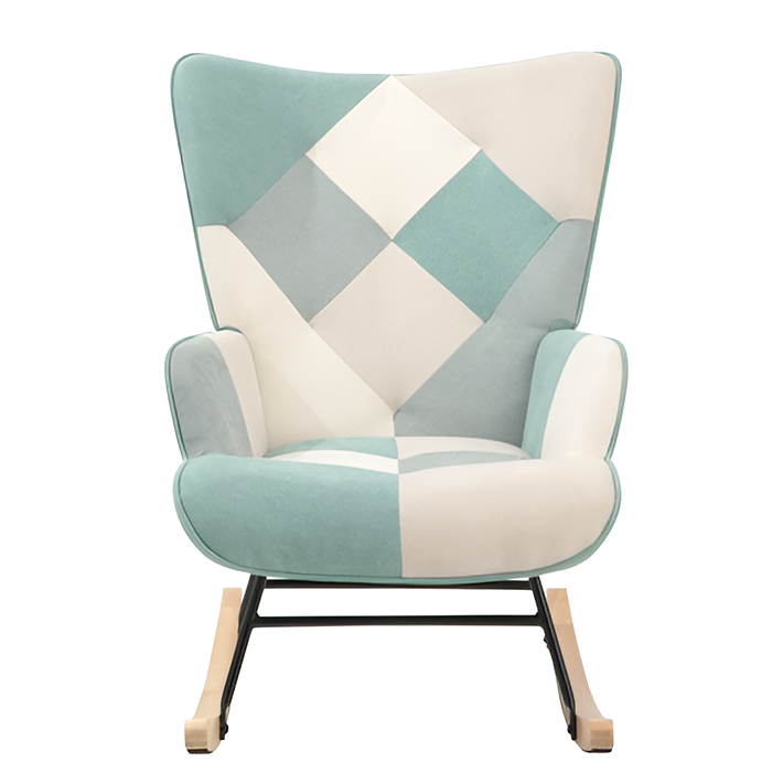 Mid-Century Accent Rocking Chair – Patchwork Linen Upholstery with Wooden Legs for Living Room & Bedroom
