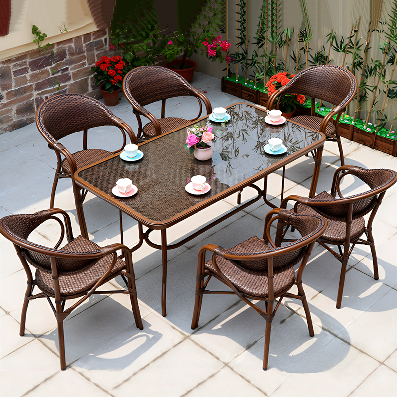 Outdoor Rattan Dining Set – French Island Style Patio Chairs & Waterproof Glass Table