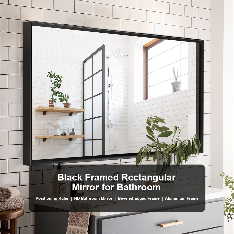 40x30 Inch Black Vanity Mirror – Glossy Framed Bathroom Wall Mirror, Horizontal & Vertical Mounting