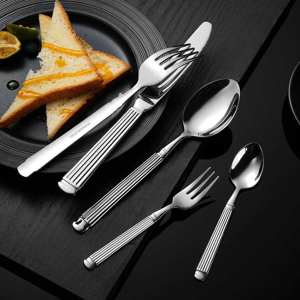 Roman Column Stainless Steel Knife And Fork Spoon Amazon Golden Tableware Knife And Fork Spoon Five-piece Set Light Luxury Western Steak Knife And Fork