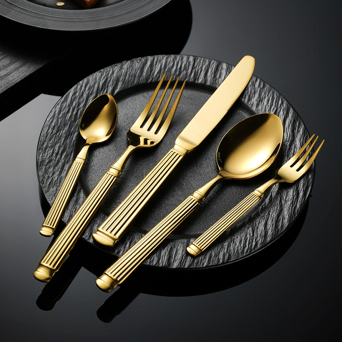 Roman Column Stainless Steel Knife And Fork Spoon Amazon Golden Tableware Knife And Fork Spoon Five-piece Set Light Luxury Western Steak Knife And Fork