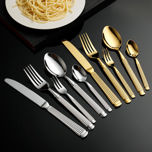 Roman Column Stainless Steel Knife And Fork Spoon Amazon Golden Tableware Knife And Fork Spoon Five-piece Set Light Luxury Western Steak Knife And Fork