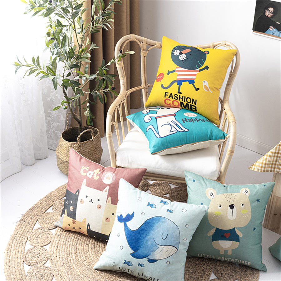 Modern Simple Linen Pillow Set Cartoon Printing Home Sofa Cushion Car Office Cushion Pillow