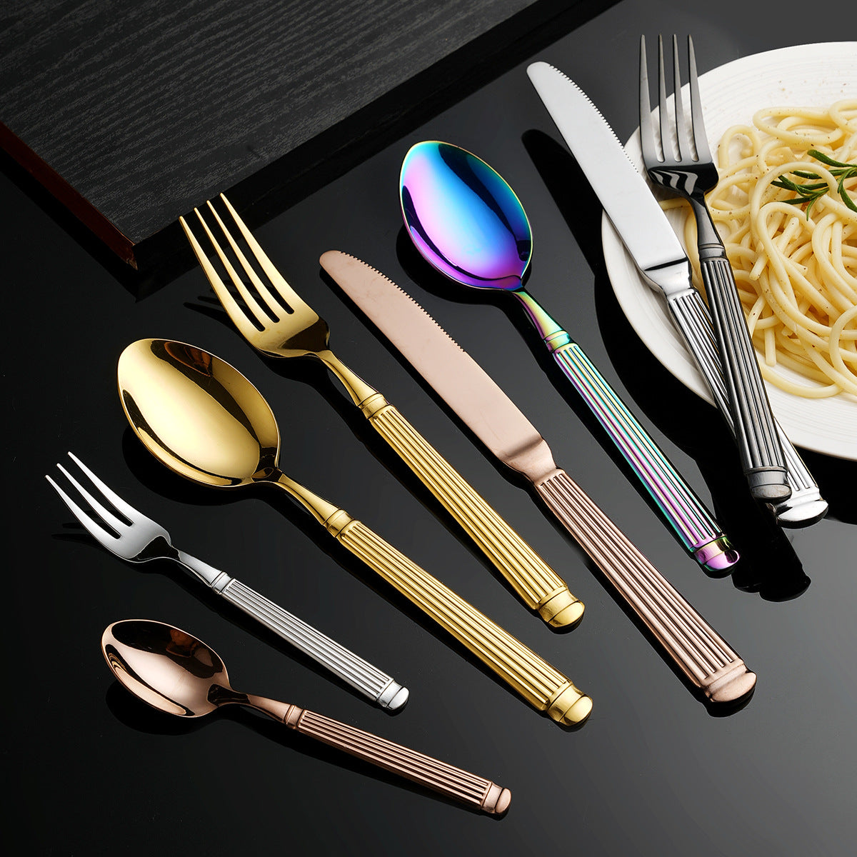 Roman Column Stainless Steel Knife And Fork Spoon Amazon Golden Tableware Knife And Fork Spoon Five-piece Set Light Luxury Western Steak Knife And Fork