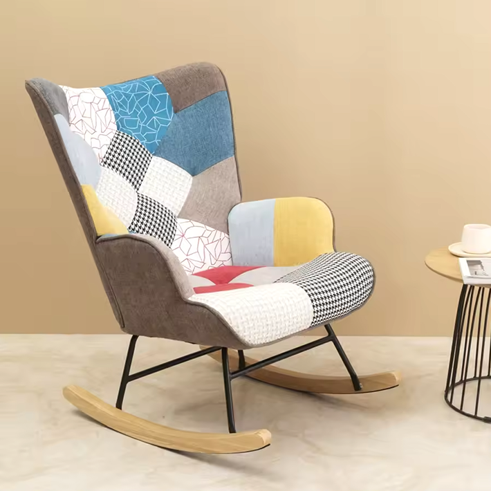 Mid-Century Accent Rocking Chair – Patchwork Linen Upholstery with Wooden Legs for Living Room & Bedroom