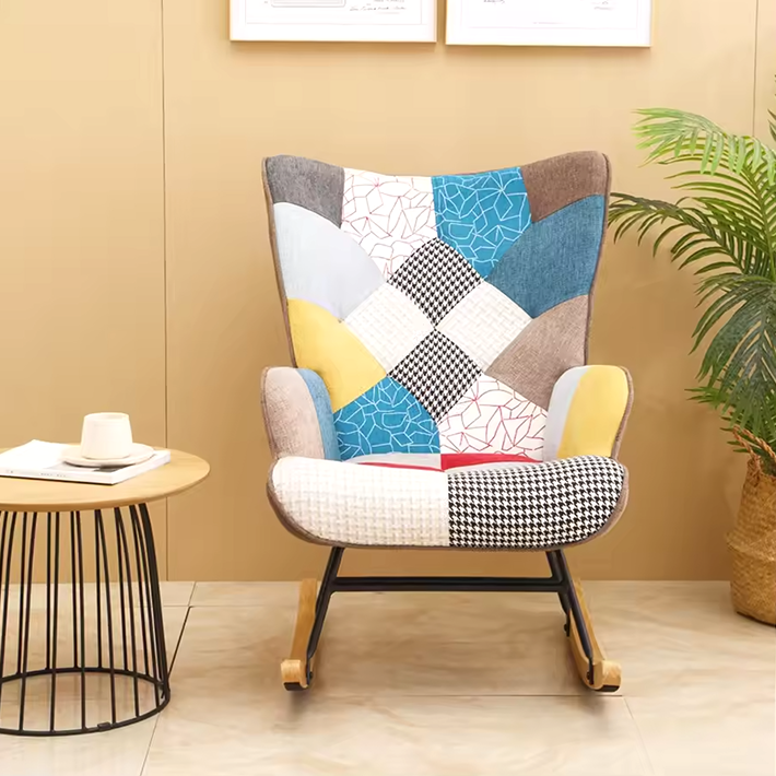 Mid-Century Accent Rocking Chair – Patchwork Linen Upholstery with Wooden Legs for Living Room & Bedroom
