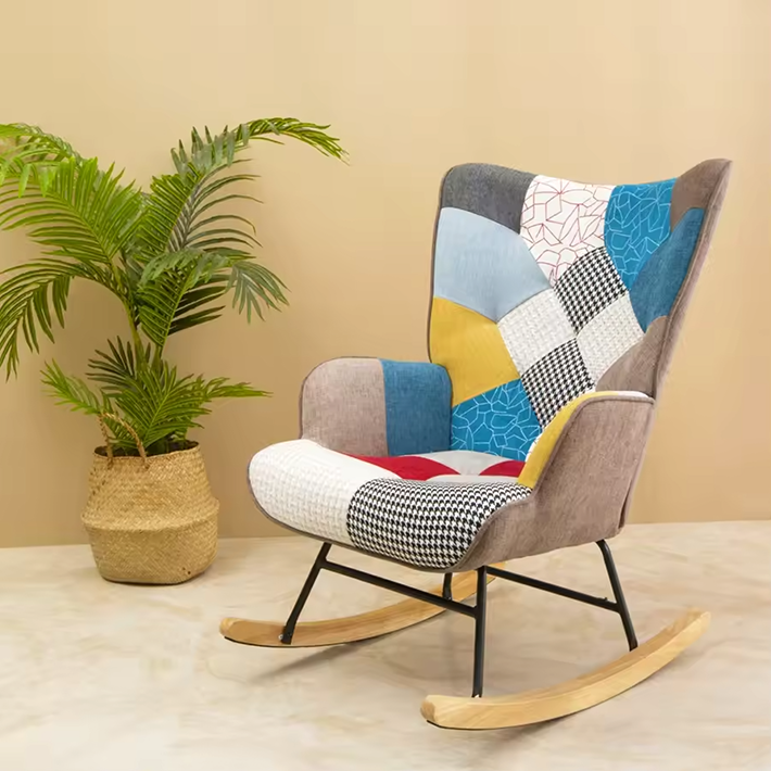 Mid-Century Accent Rocking Chair – Patchwork Linen Upholstery with Wooden Legs for Living Room & Bedroom