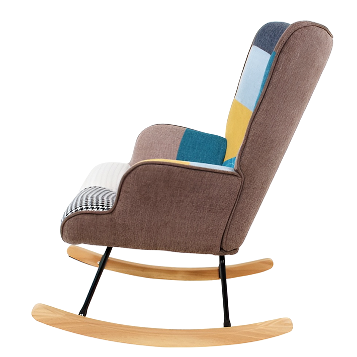 Mid-Century Accent Rocking Chair – Patchwork Linen Upholstery with Wooden Legs for Living Room & Bedroom