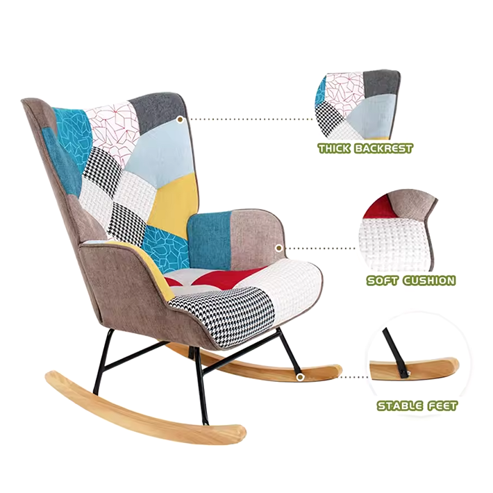 Mid-Century Accent Rocking Chair – Patchwork Linen Upholstery with Wooden Legs for Living Room & Bedroom