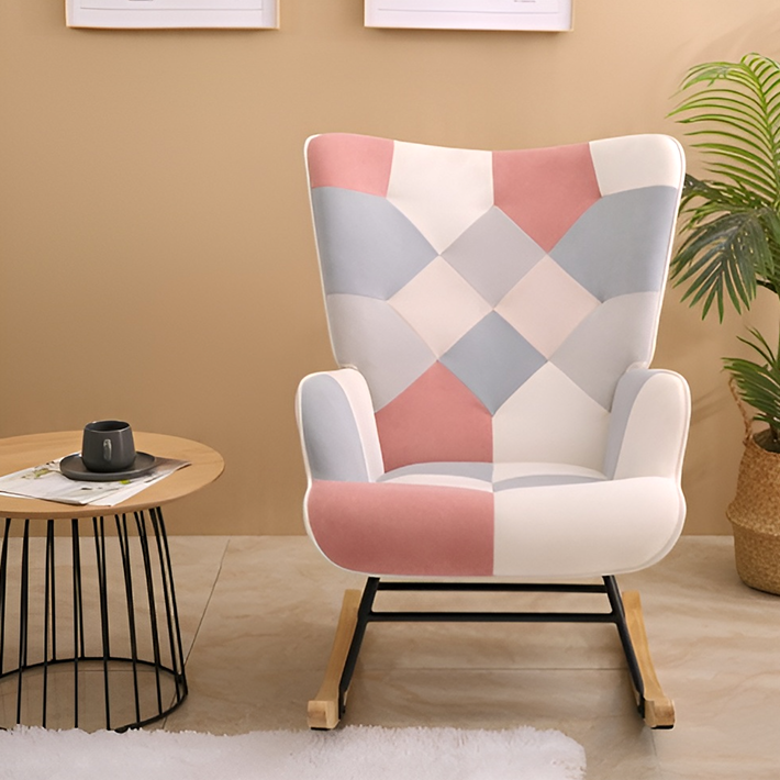 Mid-Century Accent Rocking Chair – Patchwork Linen Upholstery with Wooden Legs for Living Room & Bedroom
