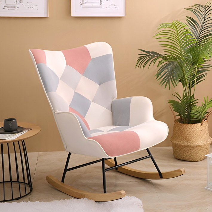 Mid-Century Accent Rocking Chair – Patchwork Linen Upholstery with Wooden Legs for Living Room & Bedroom