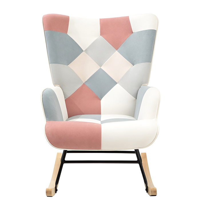 Mid-Century Accent Rocking Chair – Patchwork Linen Upholstery with Wooden Legs for Living Room & Bedroom