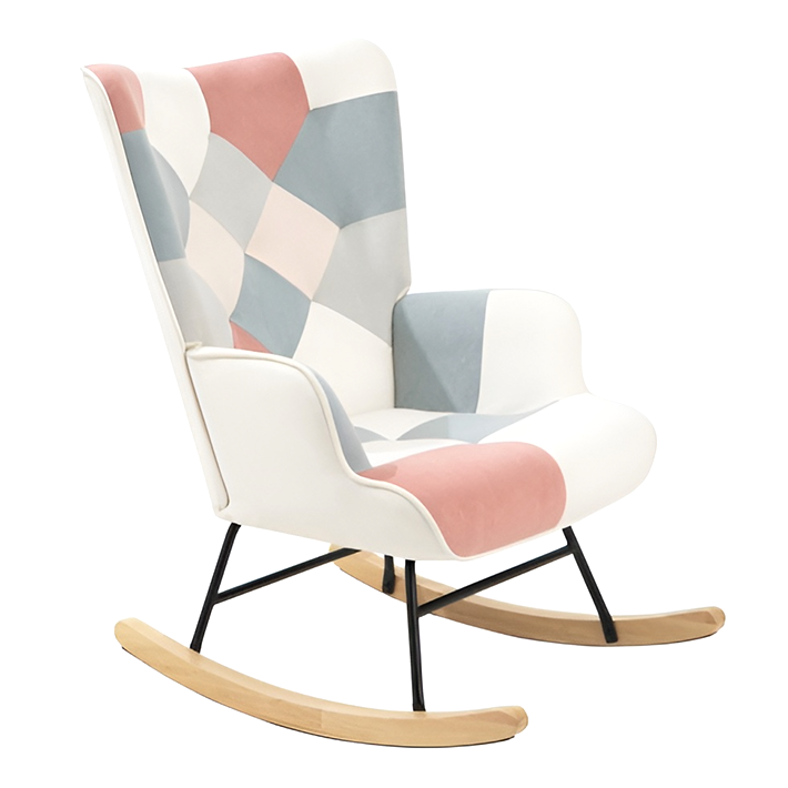 Mid-Century Accent Rocking Chair – Patchwork Linen Upholstery with Wooden Legs for Living Room & Bedroom