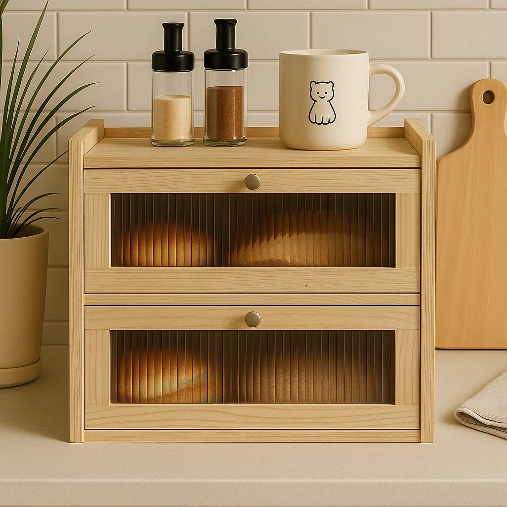 Wooden Bread Storage Box – Double-Layer Organizer for Kitchen