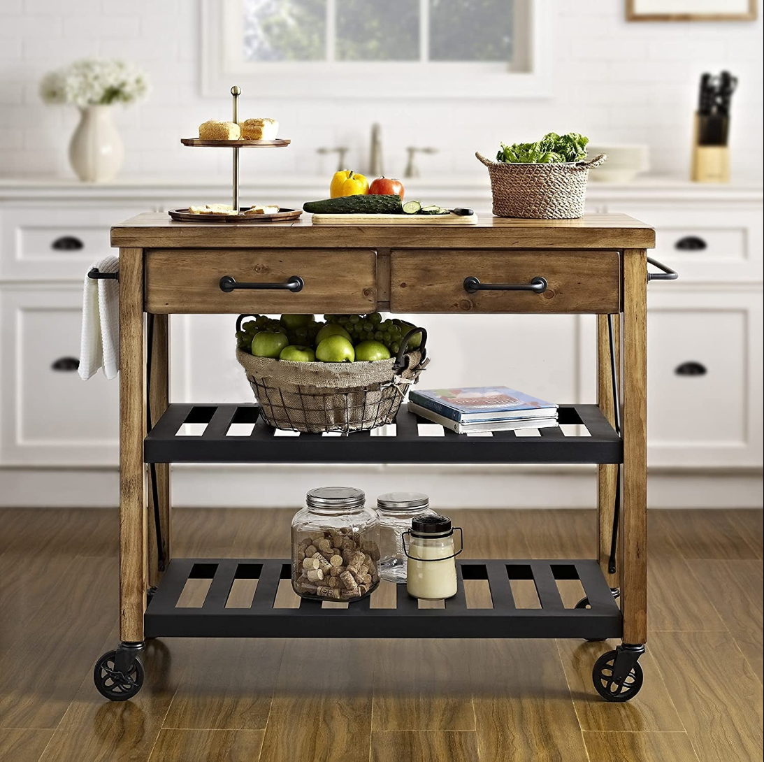 Solid Wood Movable Kitchen Island – Iron Frame Dining Cart with Storage Shelves