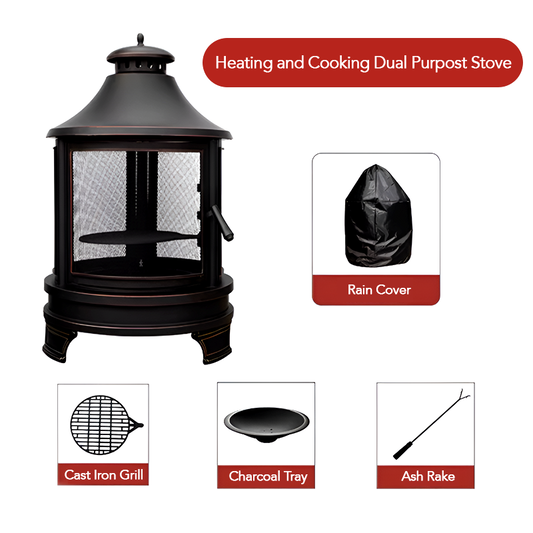 75x124cm Outdoor Fire Pit Grill Stove – Multi-Functional BBQ Heater with Cast Iron Mesh, Rake & Rain Cover