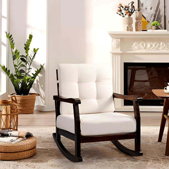 Carbonized Cedar Rocking Chair with Detachable White Cushion – Outdoor & Indoor Rustic Wooden Lounge Chair