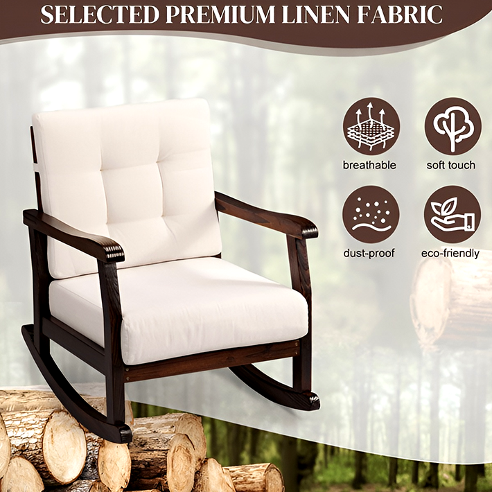 Carbonized Cedar Rocking Chair with Detachable White Cushion – Outdoor & Indoor Rustic Wooden Lounge Chair