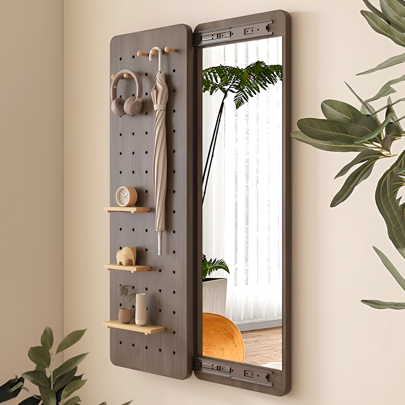 Sliding Full-Length Mirror with Pegboard Storage – 6 Hooks & 3 Display Shelves, Hidden Wall-Mount Design for Entryway or Bedroom