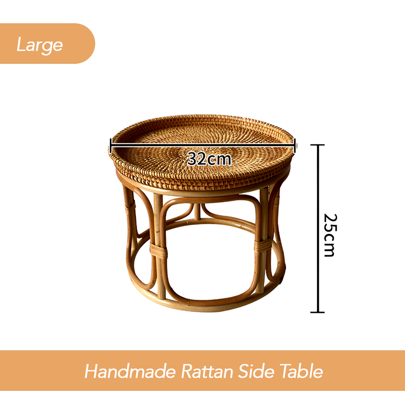 Handmade Rattan Side Table – Round Accent Table for Living Room, Balcony & Snacks Storage