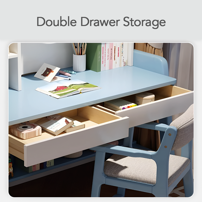 Solid Wood Kids Study Desk and Chair Set with Bookshelf and 2 Storage Drawers, Adjustable Height, 5 Colors, for Home or Bedroom