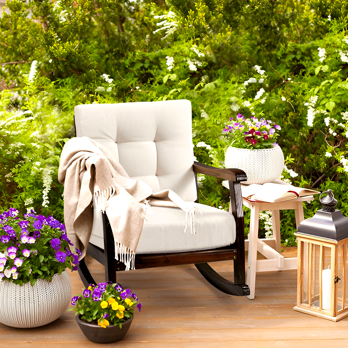 Carbonized Cedar Rocking Chair with Detachable White Cushion – Outdoor & Indoor Rustic Wooden Lounge Chair