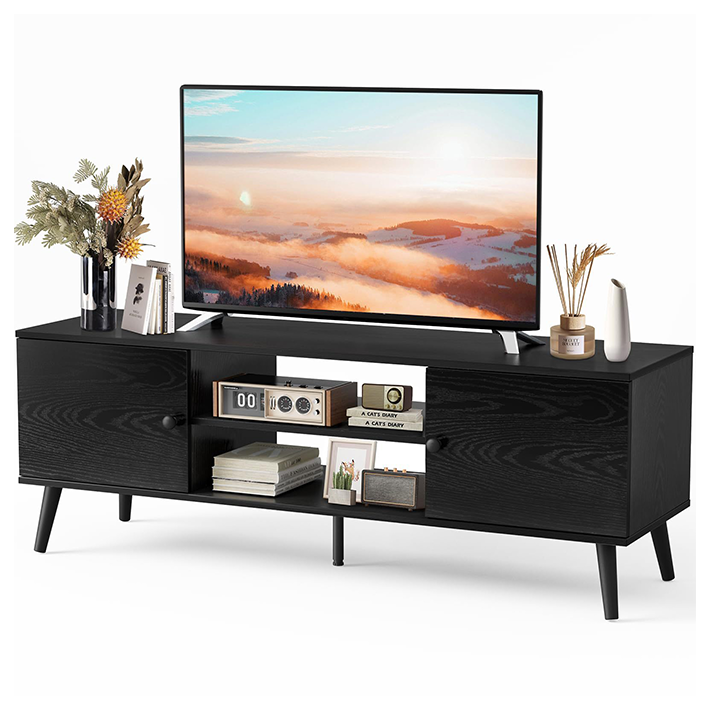 Modern Black TV Stand – Engineered Wood Entertainment Center with Adjustable Shelves and Cable Management